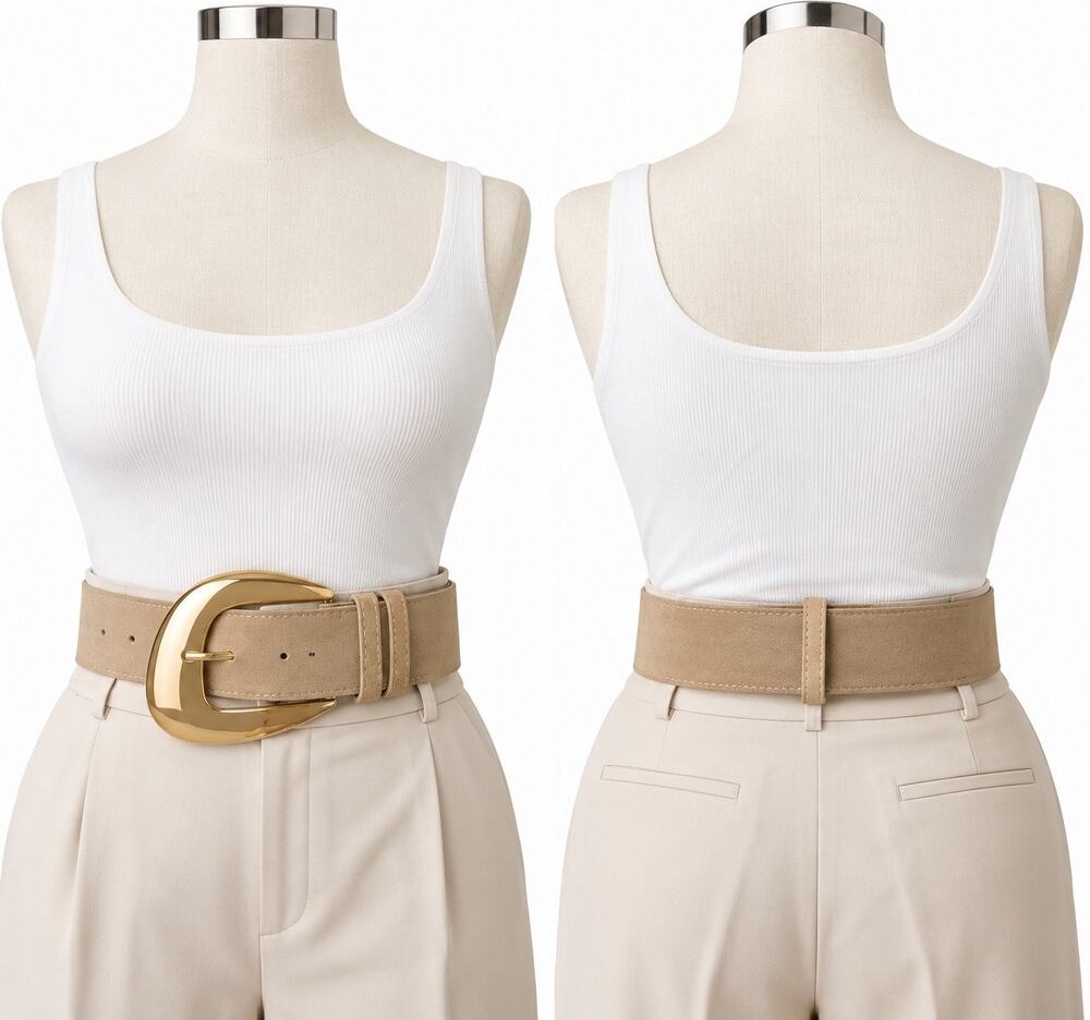 Zara Women’s Beige Faux Leather Wide Belt Oversized Gold Buckle NWT 37”